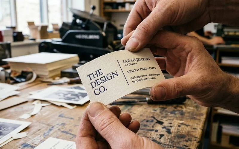 Close-up of a business card printed on heavy 100 lb cover stock showing the premium thickness and clean edges