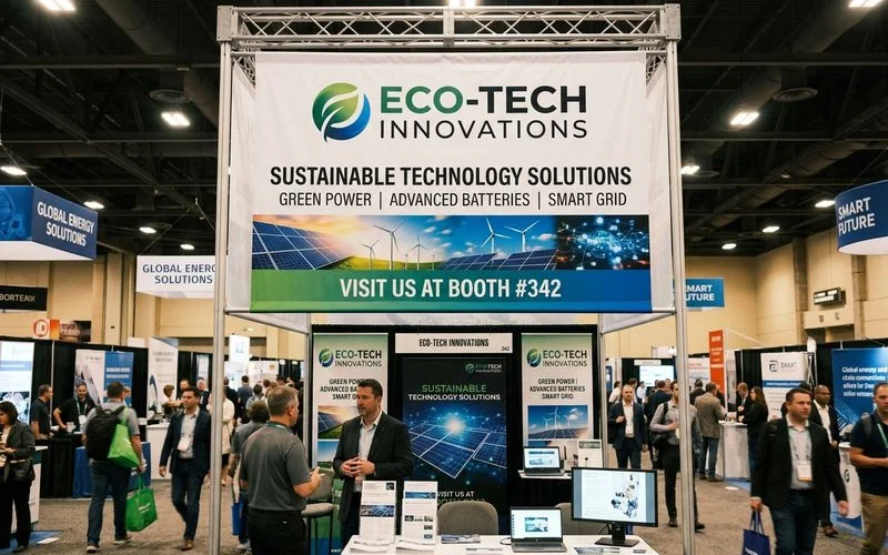 Fabric indoor banner displayed in a trade show booth environment showing smooth matte finish and vibrant color