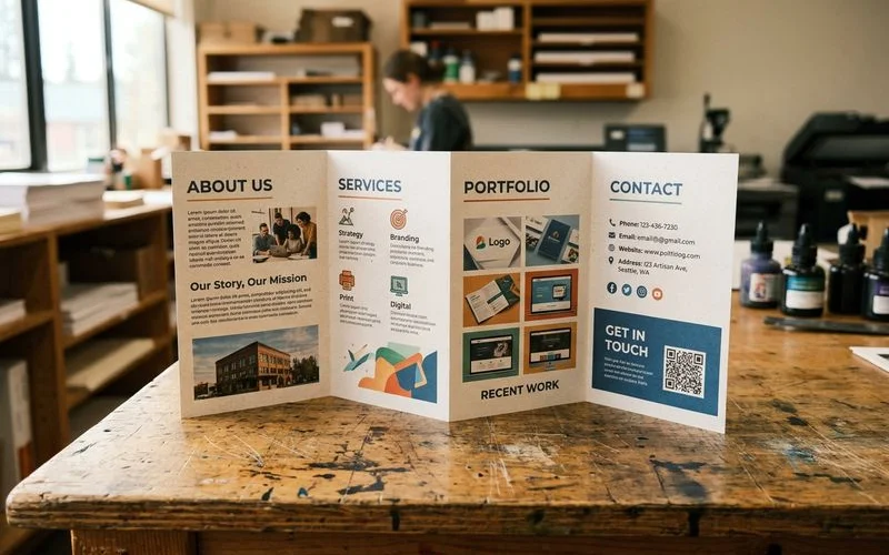 Open half-fold brochure displaying a four-page spread with room for detailed content