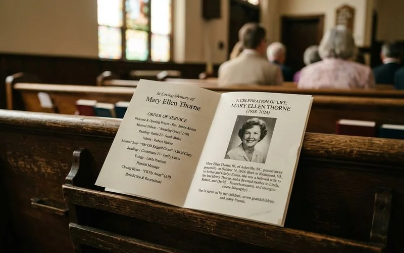 Open funeral program showing the interior layout with order of service, biography, and family tribute sections