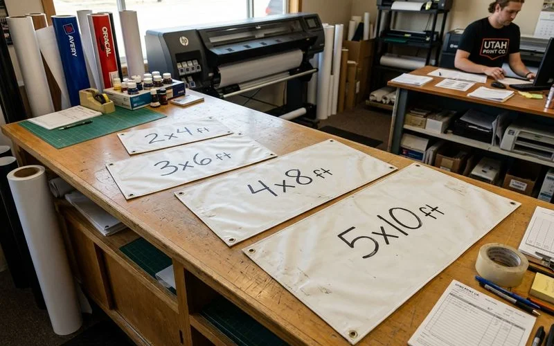 Comparison of outdoor vinyl banner sizes from 2x4 to 5x10 feet displayed at an event venue