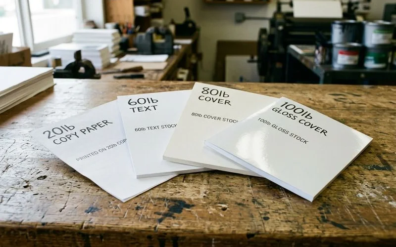 Paper weight reference chart comparing 20 lb copy paper, 60 lb text, 80 lb cover, and 100 lb gloss card stock