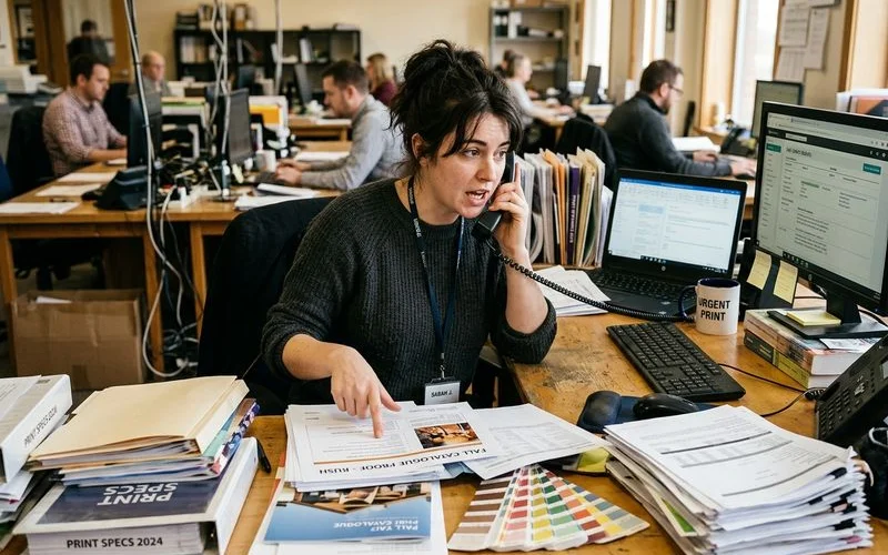 Person on the phone with a local print shop requesting a rush print job for an urgent deadline