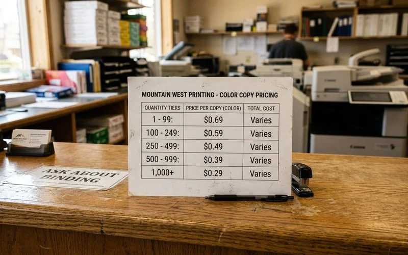 Chart showing color copy price per page decreasing as quantity increases