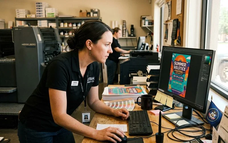 Print shop employee reviewing an event flyer proof on screen before approving the job for printing
