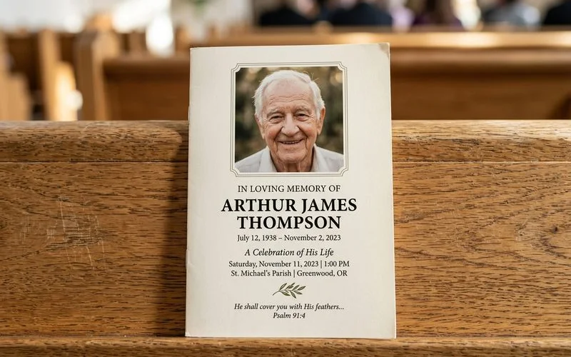 Sample funeral program cover layout showing space for a portrait photo, name, and dates