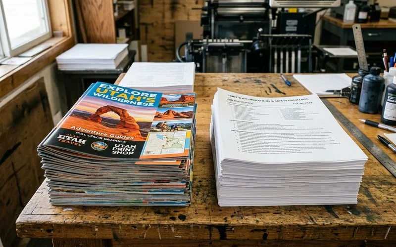 Stack of color brochures next to a stack of black-and-white printed handouts