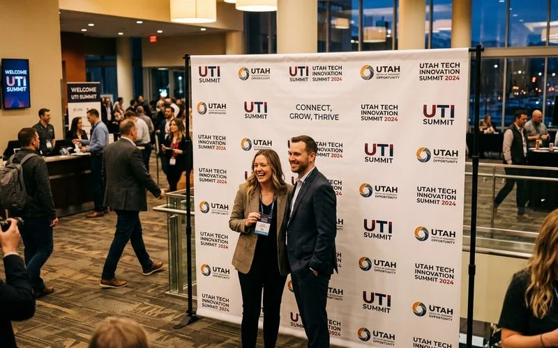 A step-and-repeat backdrop banner displayed at a business event with a repeating logo pattern