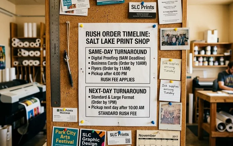 Timeline graphic showing the steps in a same-day and next-day rush print job workflow