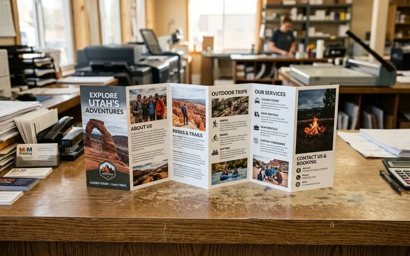 Unfolded tri-fold brochure showing all six panels labeled with design and content zones