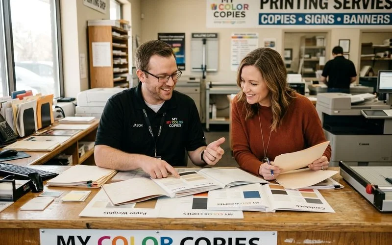 Local Utah print shop staff member assisting a customer with print options at the counter