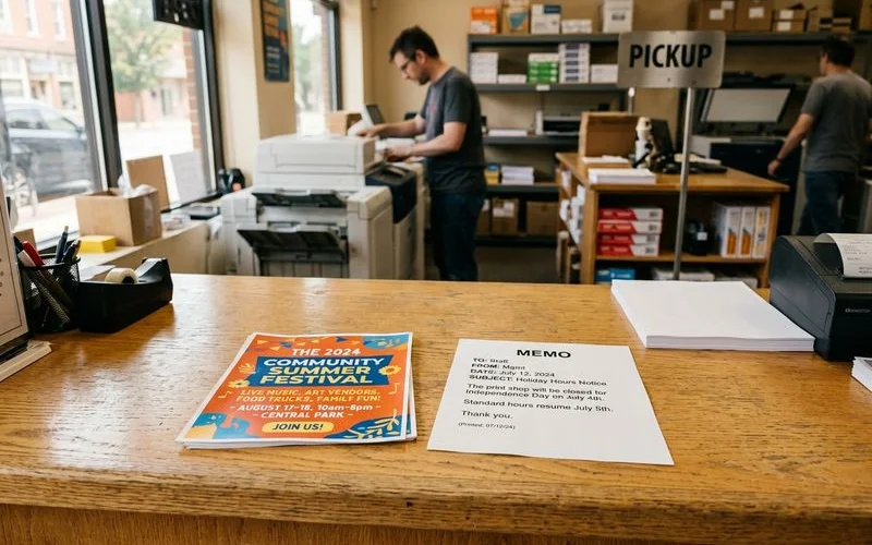 Colorful event flyer contrasted with a plain black-and-white office document