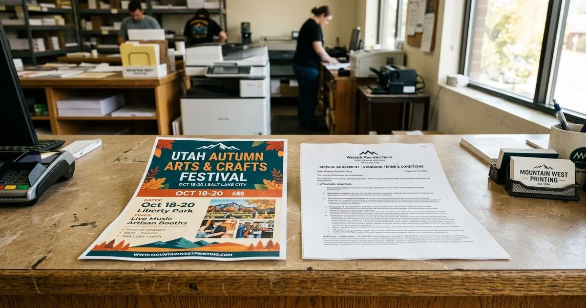 Side-by-side comparison of a color flyer and a black-and-white document on a desk