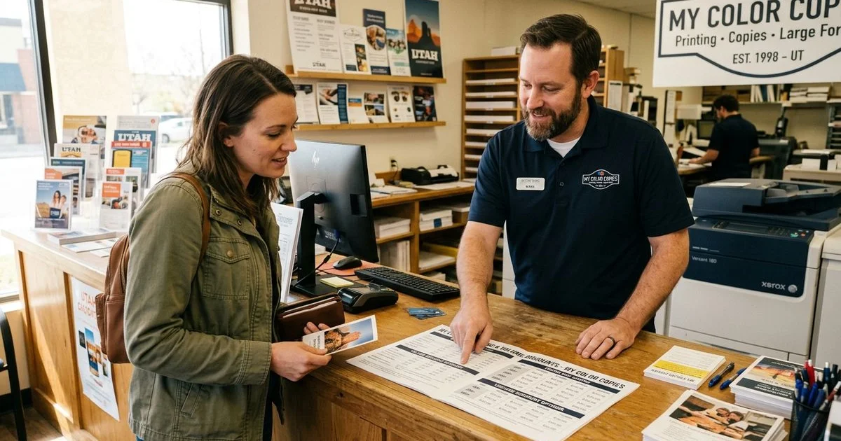 Printed color copies stacked next to a price breakdown sheet on a desk