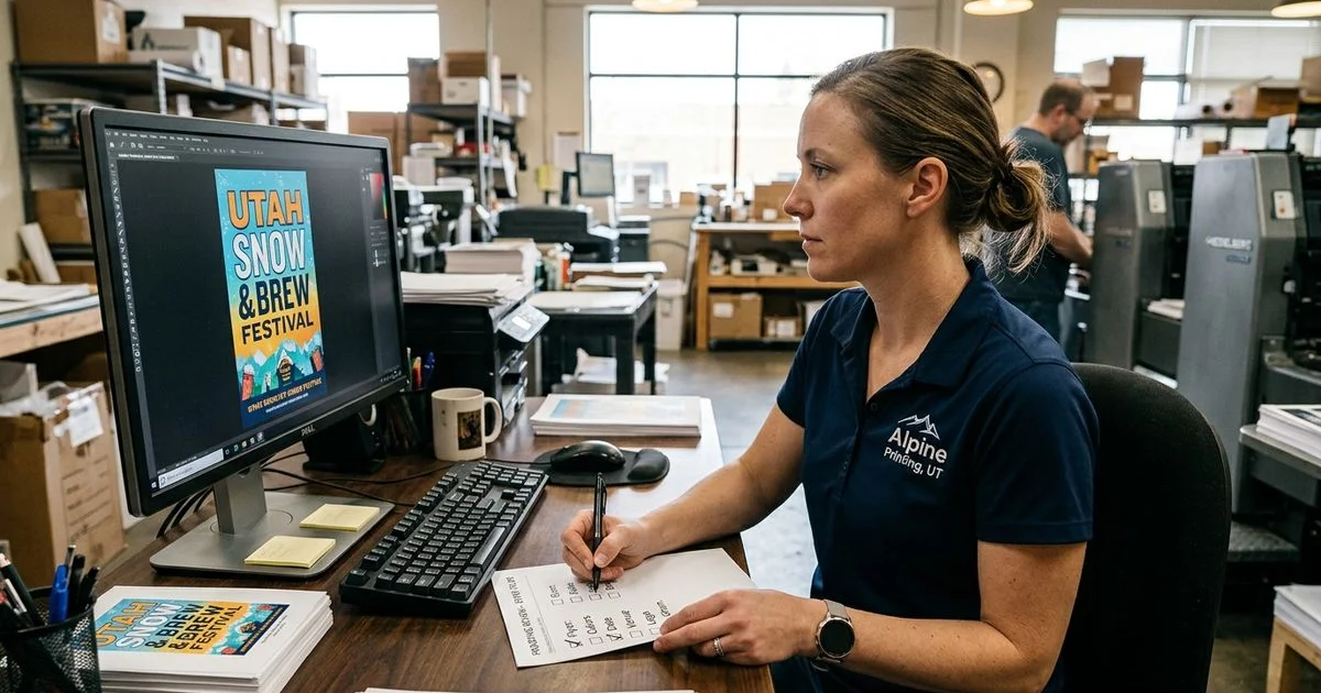 A printed event flyer on a table next to a checklist showing what to review before printing