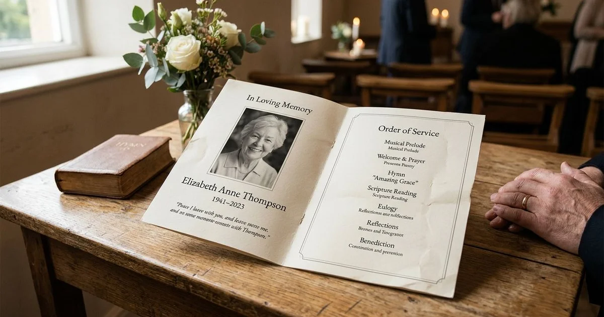 A gently designed funeral program laid open on a wooden table with flowers nearby