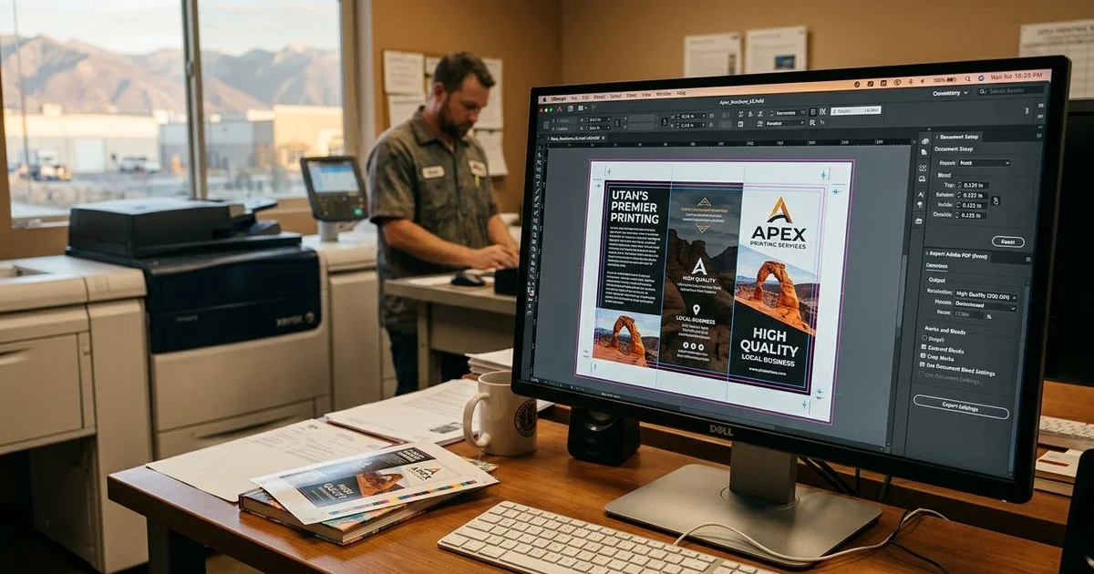 Diagram showing a print-ready file with bleed areas, crop marks, and safe zone labels