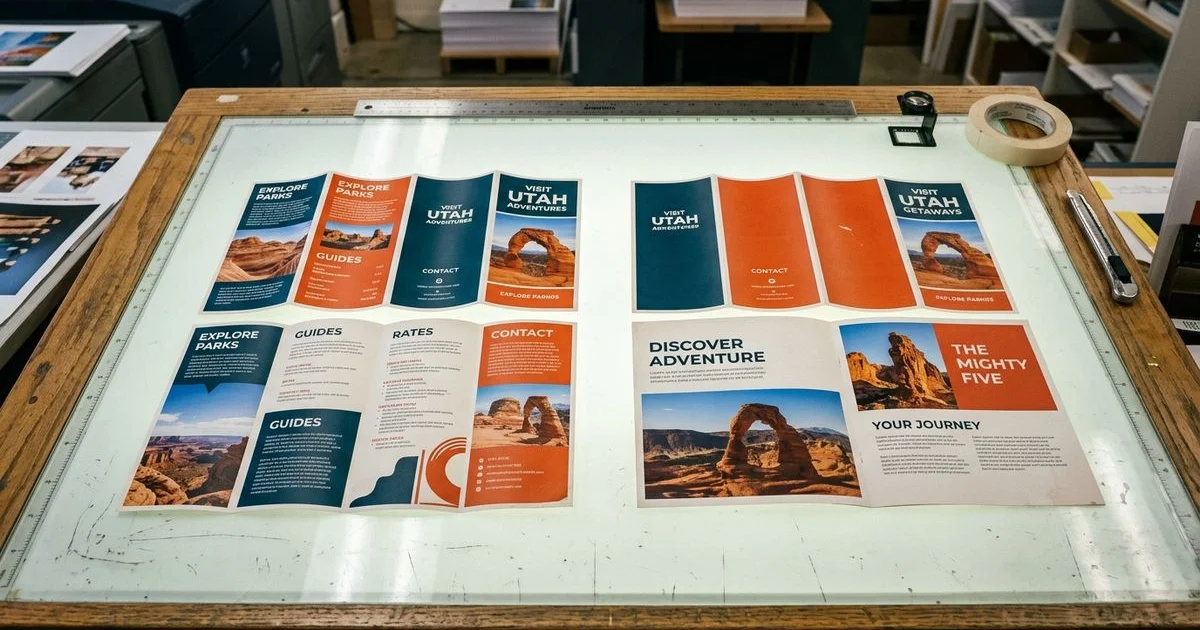 Two brochures side by side showing the tri-fold and half-fold formats unfolded and folded