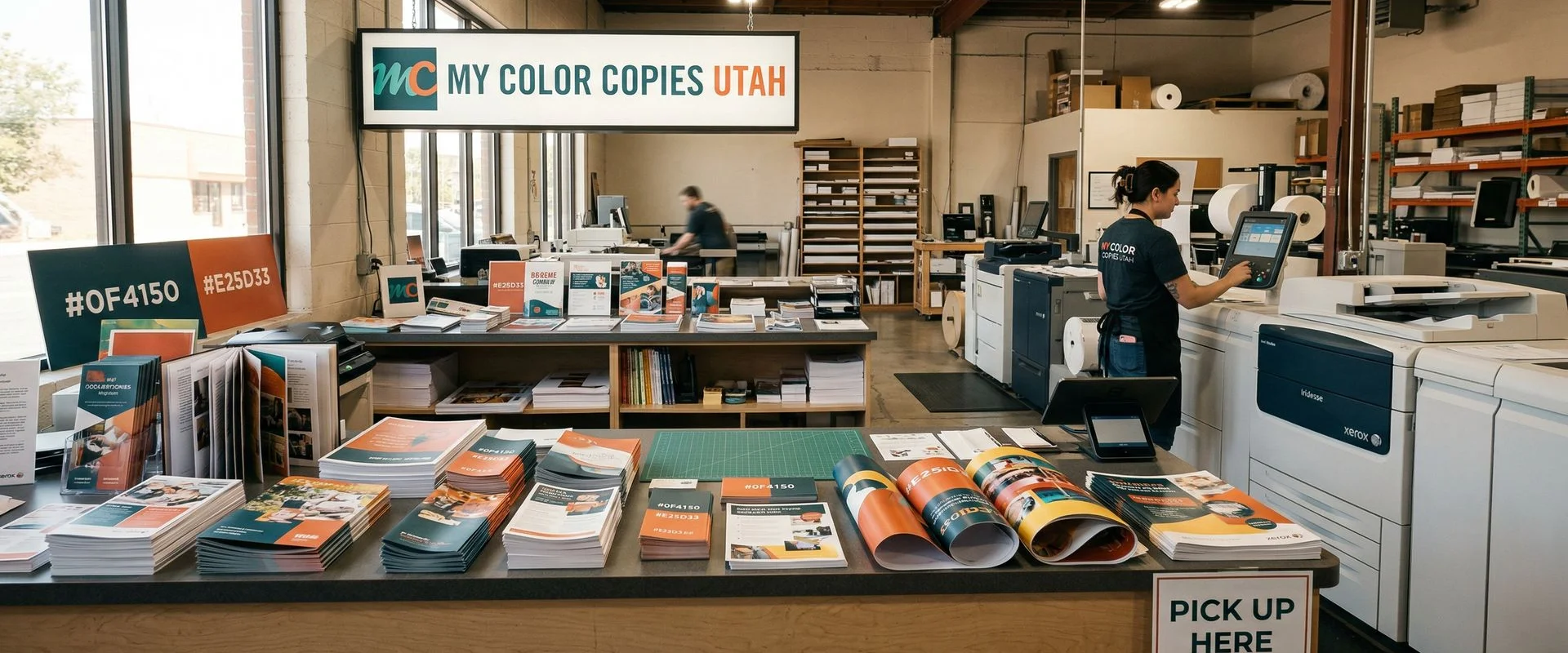 Busy print shop with colorful printed materials